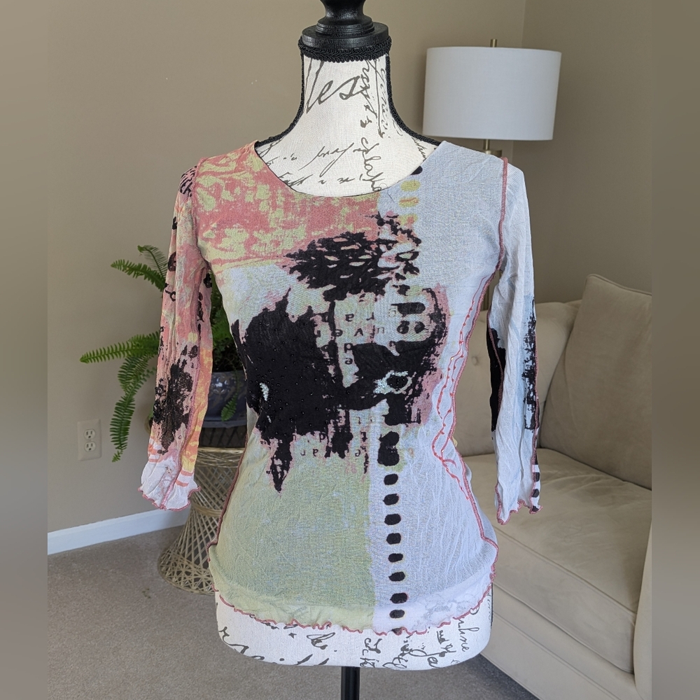 Women's Abstract Print Long-Sleeve Scoop Neck Top - Pink Multi